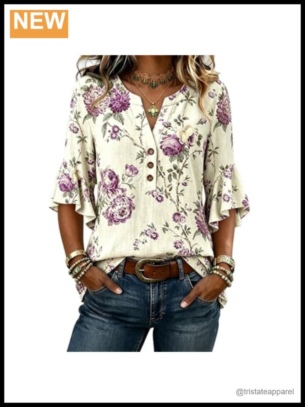 Vintage Floral Print Ruffle Sleeve Cotton Blouse Women's Top